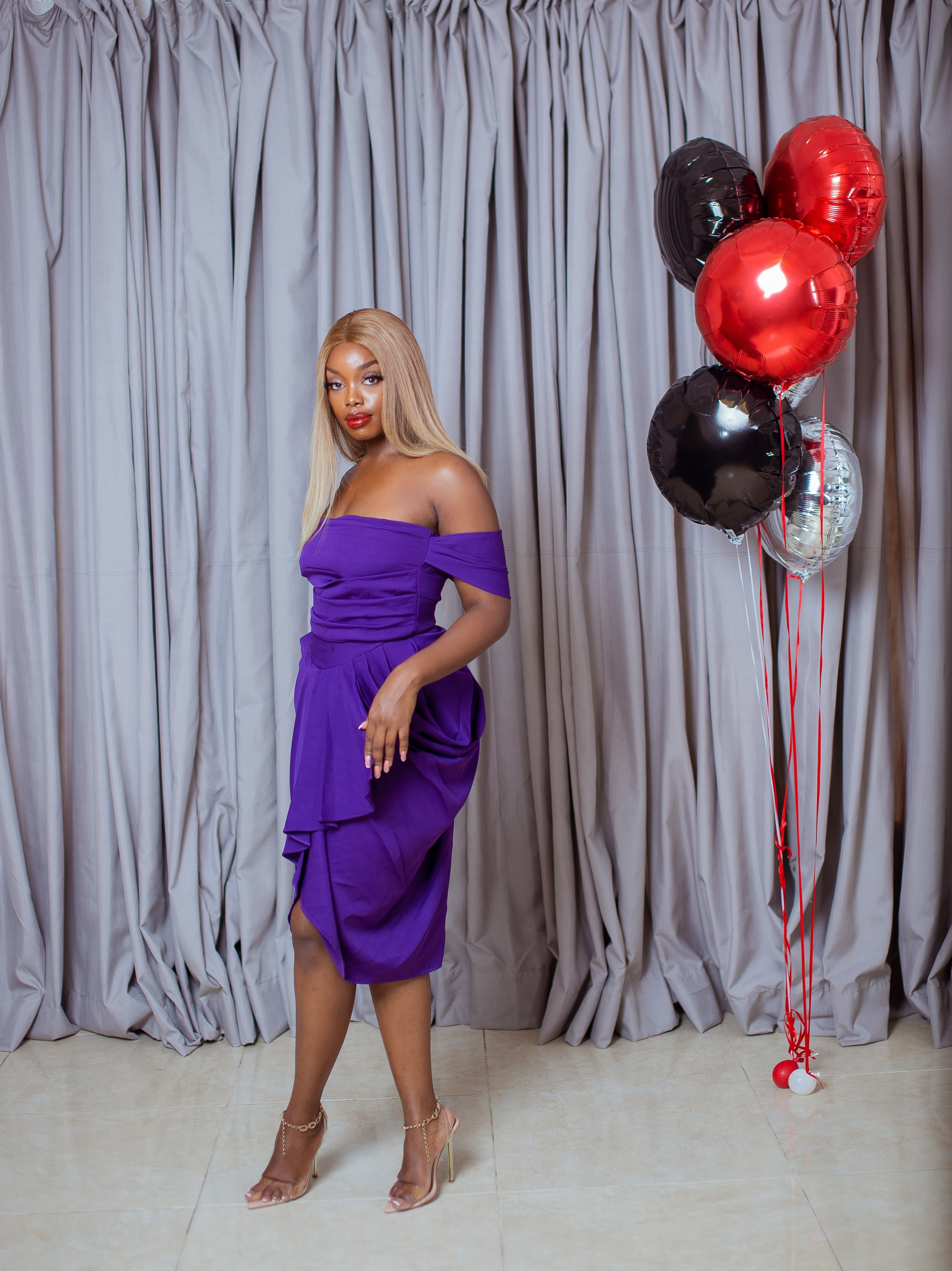 Purple crepe off shoulder draped overlay midi dress