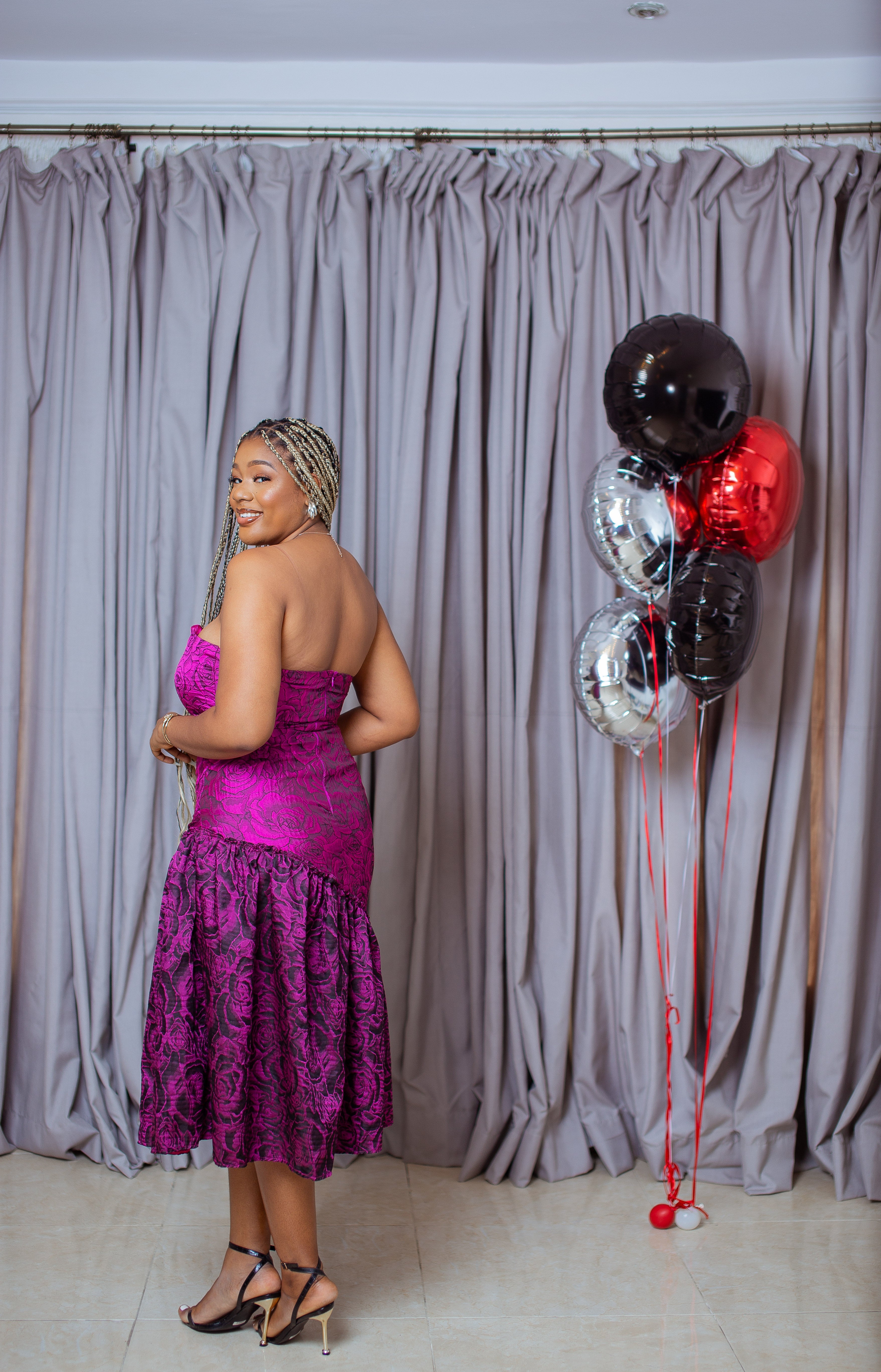 Pink strapless brocade fit and flair midi dress