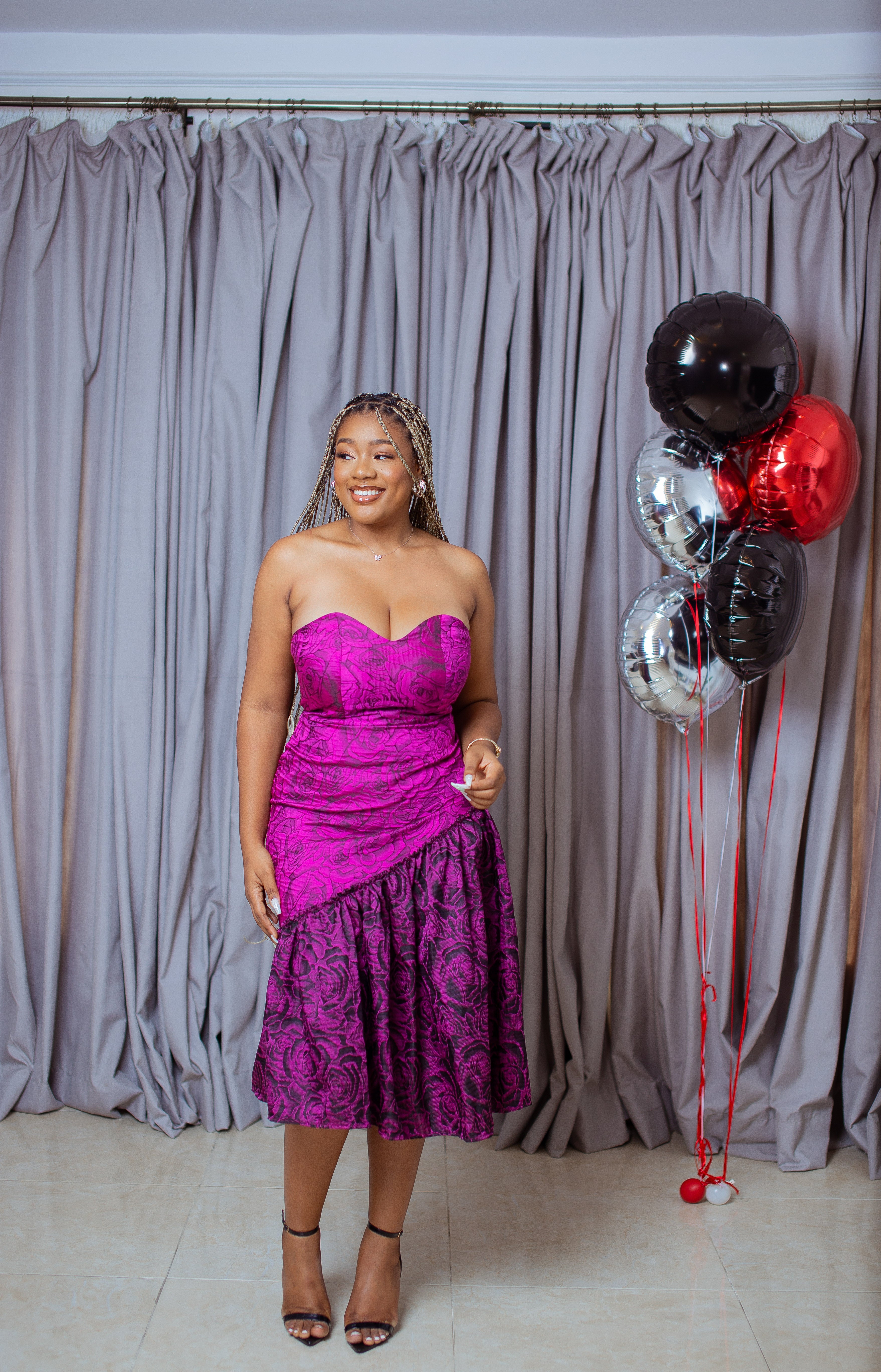 Pink strapless brocade fit and flair midi dress