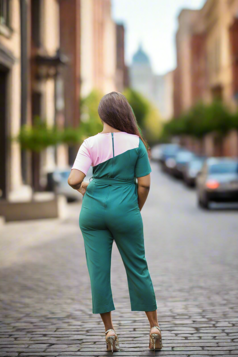 Green ColorBlock Culottes Jumpsuit