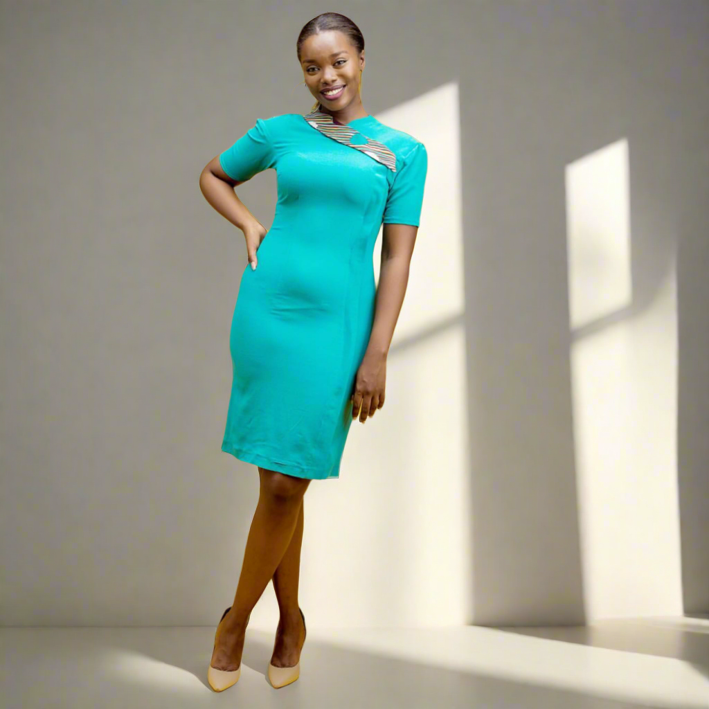 Teal Asymmetrical Neckline Dress