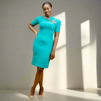 Teal Asymmetrical Neckline Dress