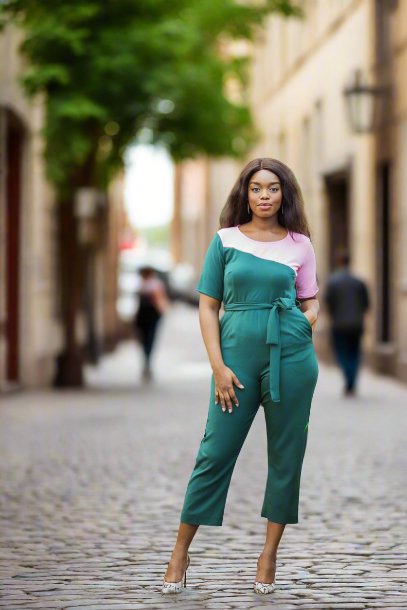 Green ColorBlock Culottes Jumpsuit