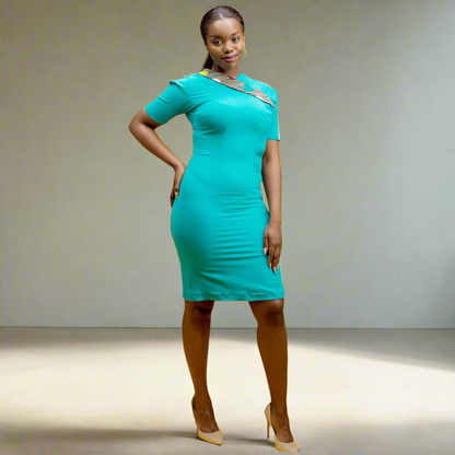 Teal Asymmetrical Neckline Dress