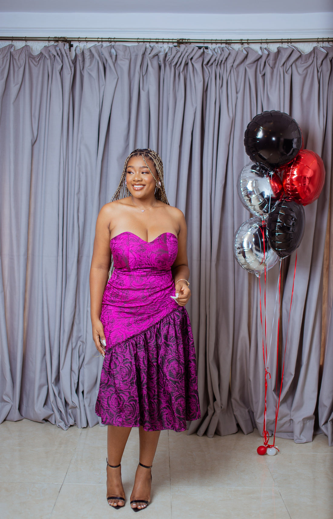 Pink strapless brocade fit and flair midi dress
