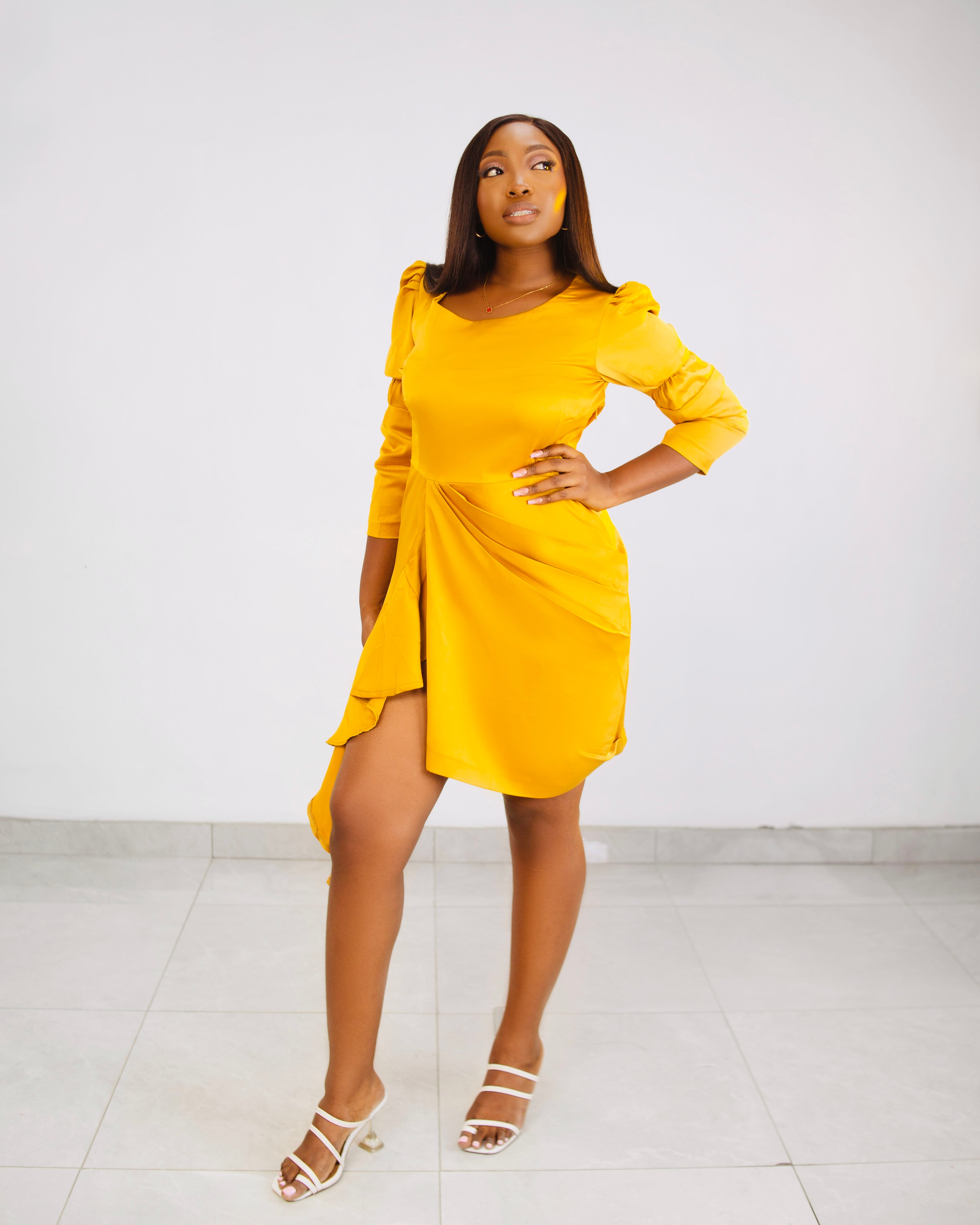 Mustard Cowl Back Mini Dress